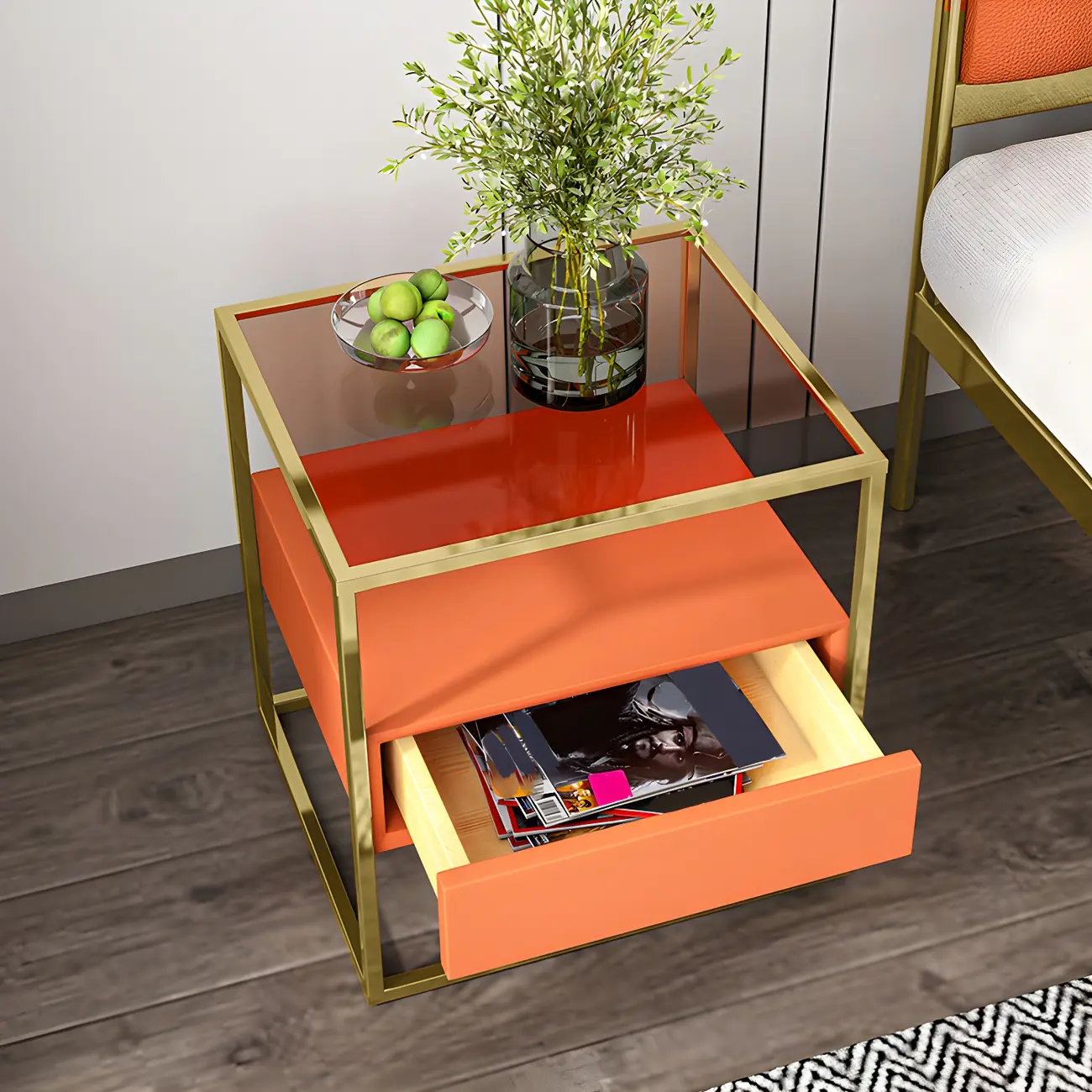 Modern Orange Bedside Table with Drawer Glass Top Open Cubby Image - 1 | homeyfad