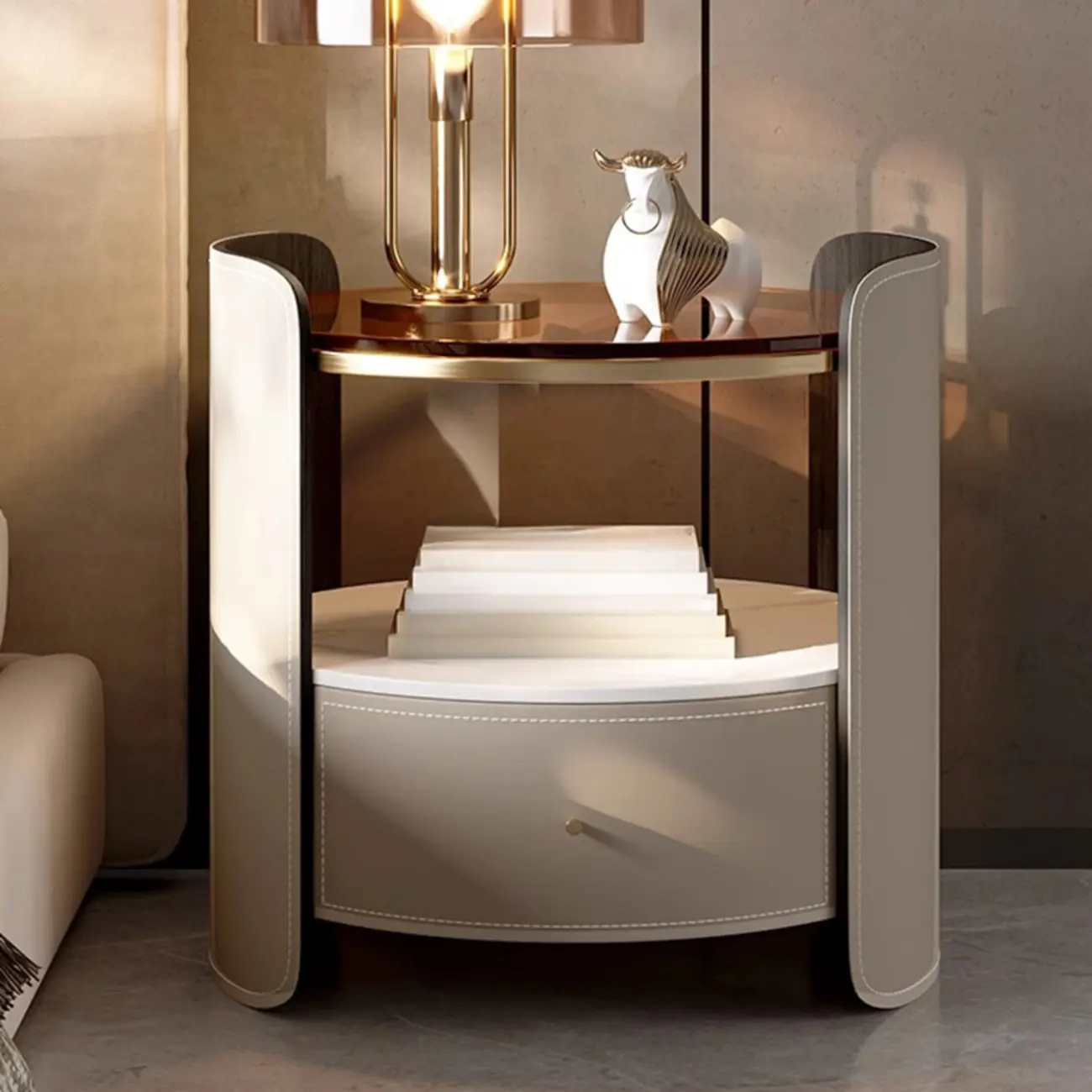 Modern Round Nightstand Glass Top with Drawer and Open Shelf Image - 1 | homeyfad