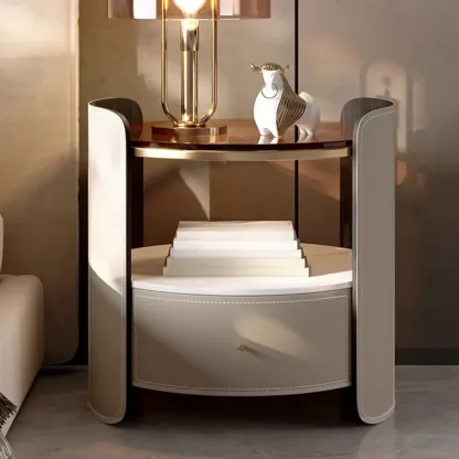 Modern Round Nightstand Glass Top with Drawer and Open Shelf Image - 1