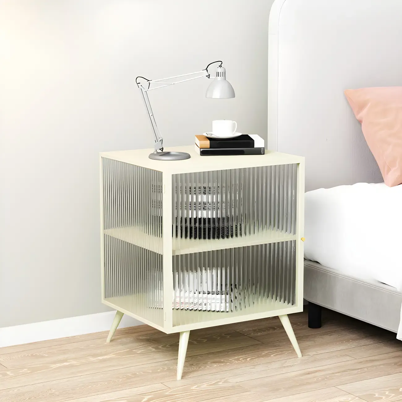 Modern Black Metal Bedside Table with Glass Shelving Image - 5