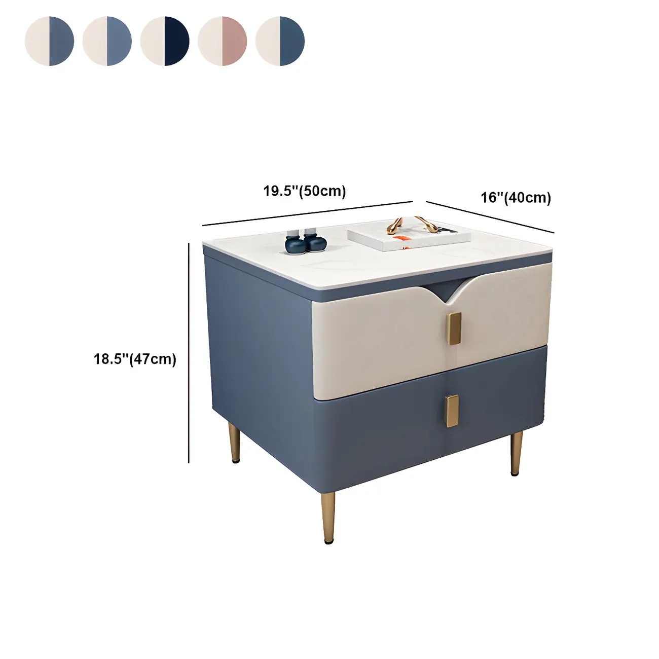 Modern Wooden Color Block Bedside Table with Stone Top 2 Drawers Image - 15 | homeyfad