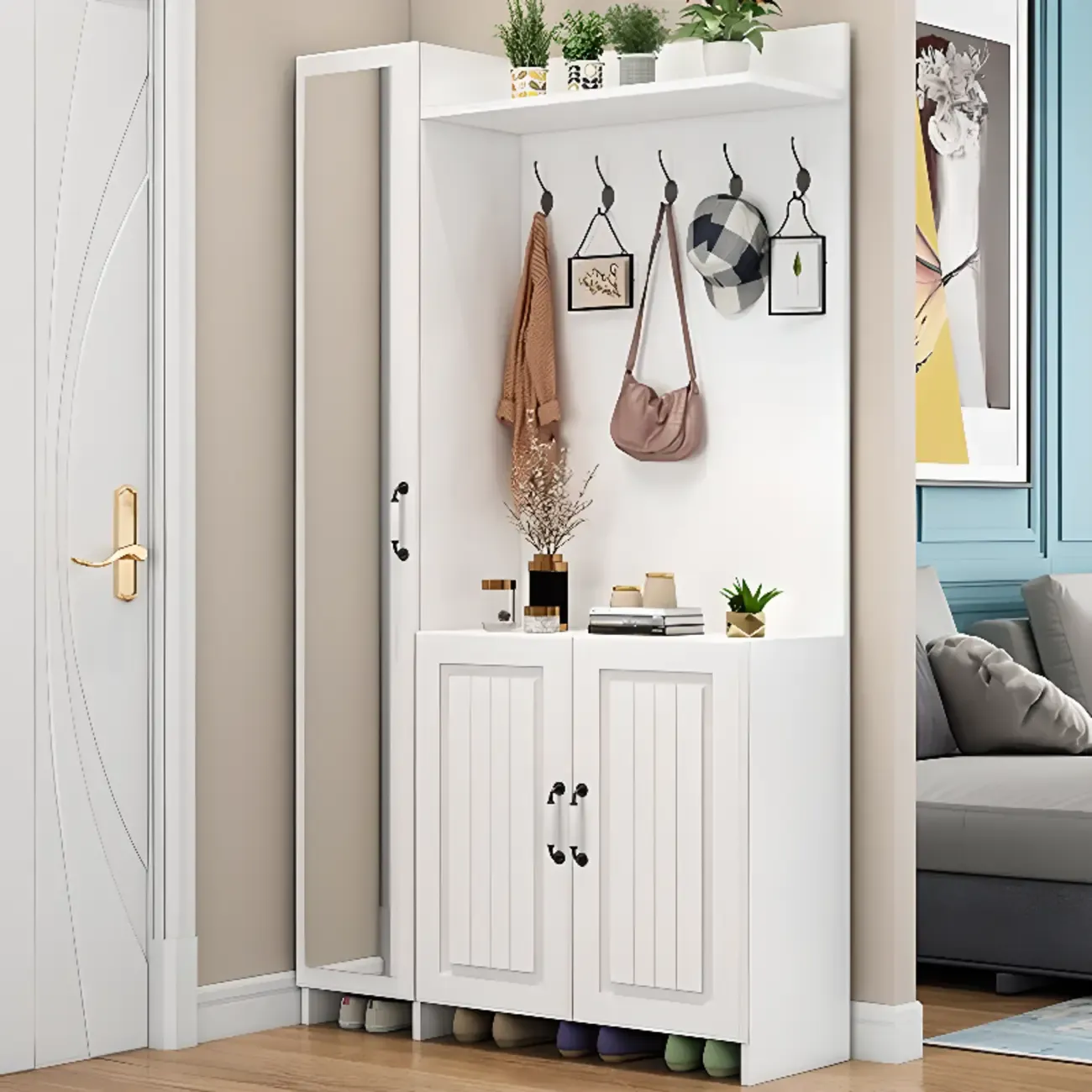 Modern White Hall Tree with Cabinets and Shelves Image - 4