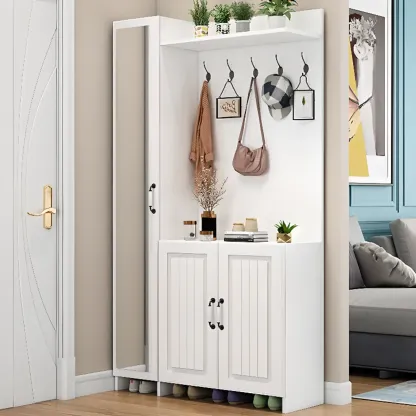 Modern White Hall Tree with Cabinets and Shelves Image - 4