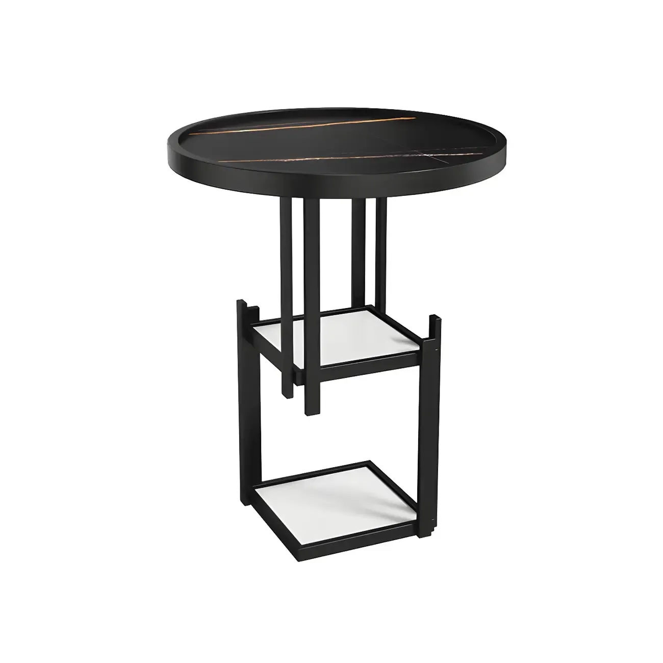 Simplistic Metal Round Nightstand with Open Cubby Marble Top Image - 12