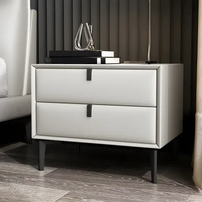 Modern Black Leather Bedside Table with Drawers Image - 2