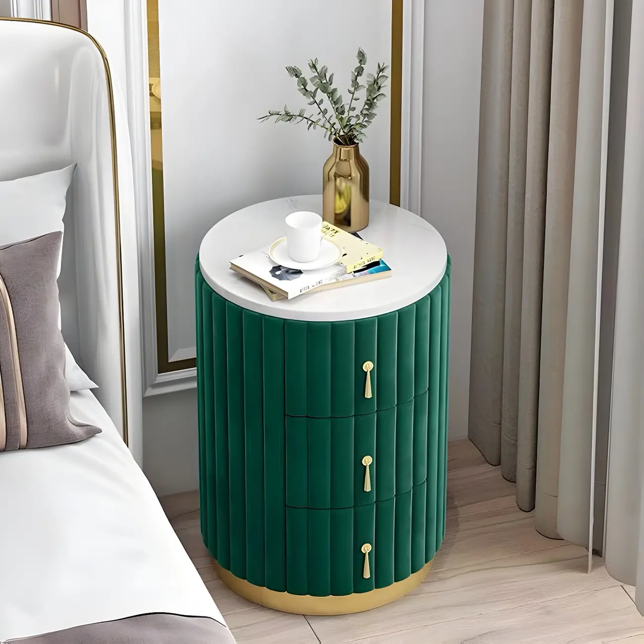 Stylish Pink Round Bedside Table with 3 Drawers and Marble Top Image - 2 | homeyfad