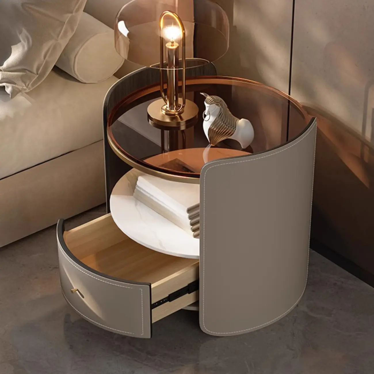 Modern Round Nightstand Glass Top with Drawer and Open Shelf Image - 2 | homeyfad