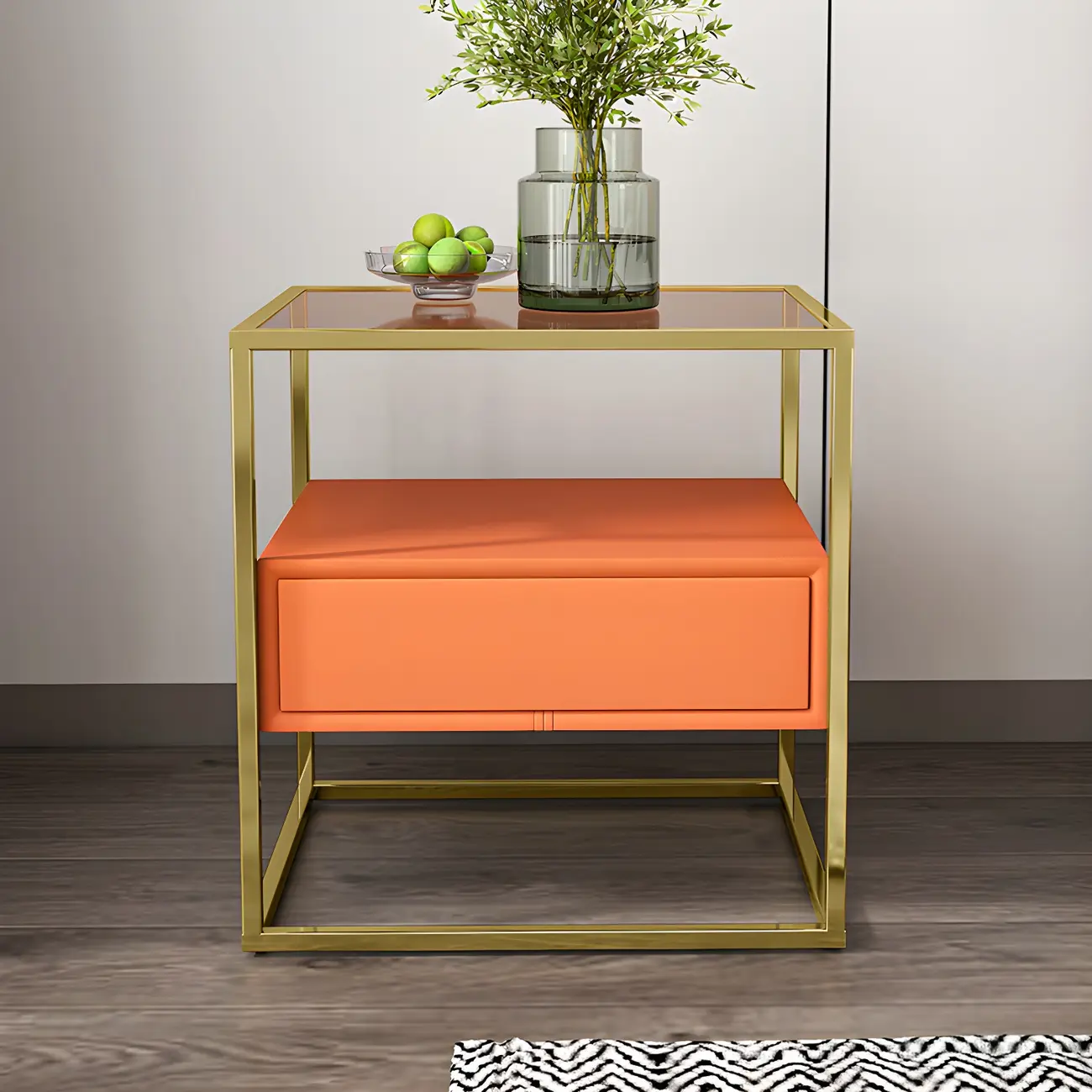 Modern Orange Bedside Table with Drawer Glass Top Open Cubby Image - 2 | homeyfad