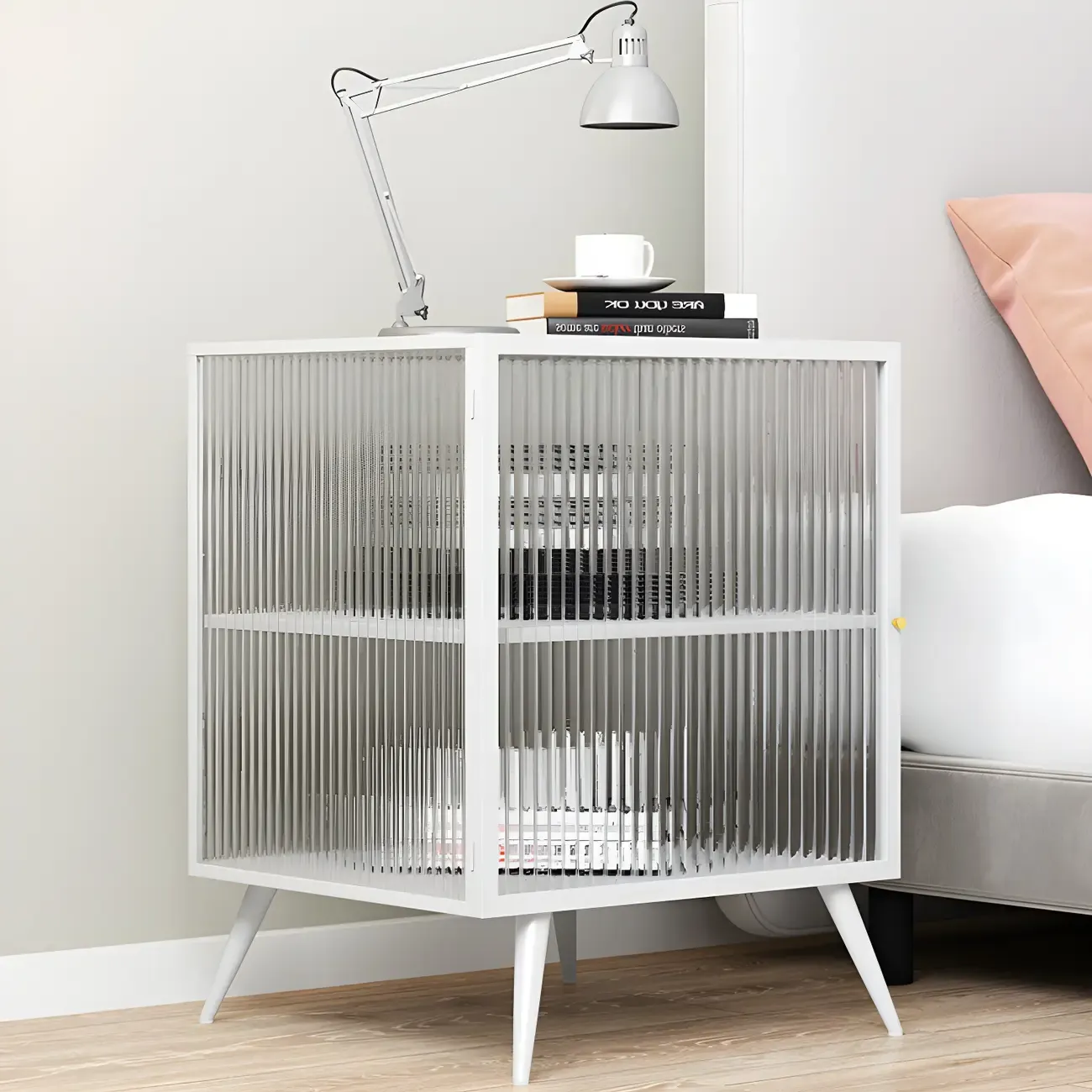 Modern Black Metal Bedside Table with Glass Shelving Image - 6