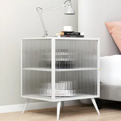 Modern Black Metal Bedside Table with Glass Shelving Image - 6