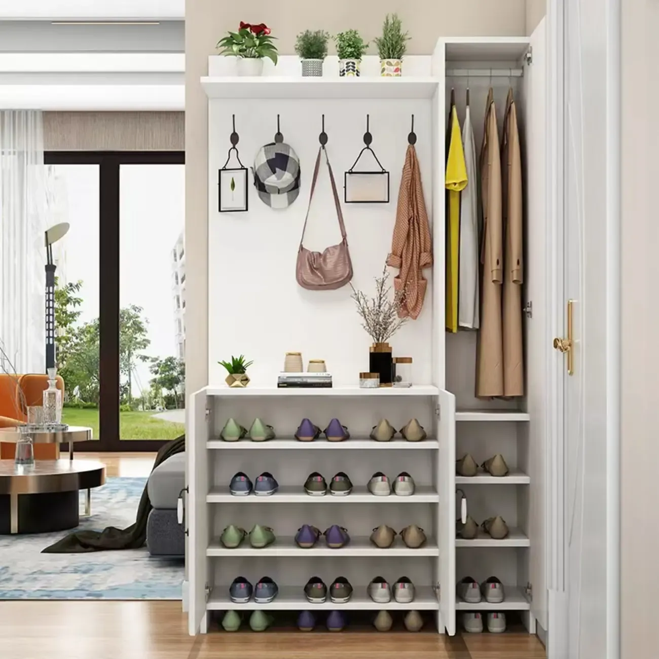 Modern White Hall Tree with Cabinets and Shelves Image - 5