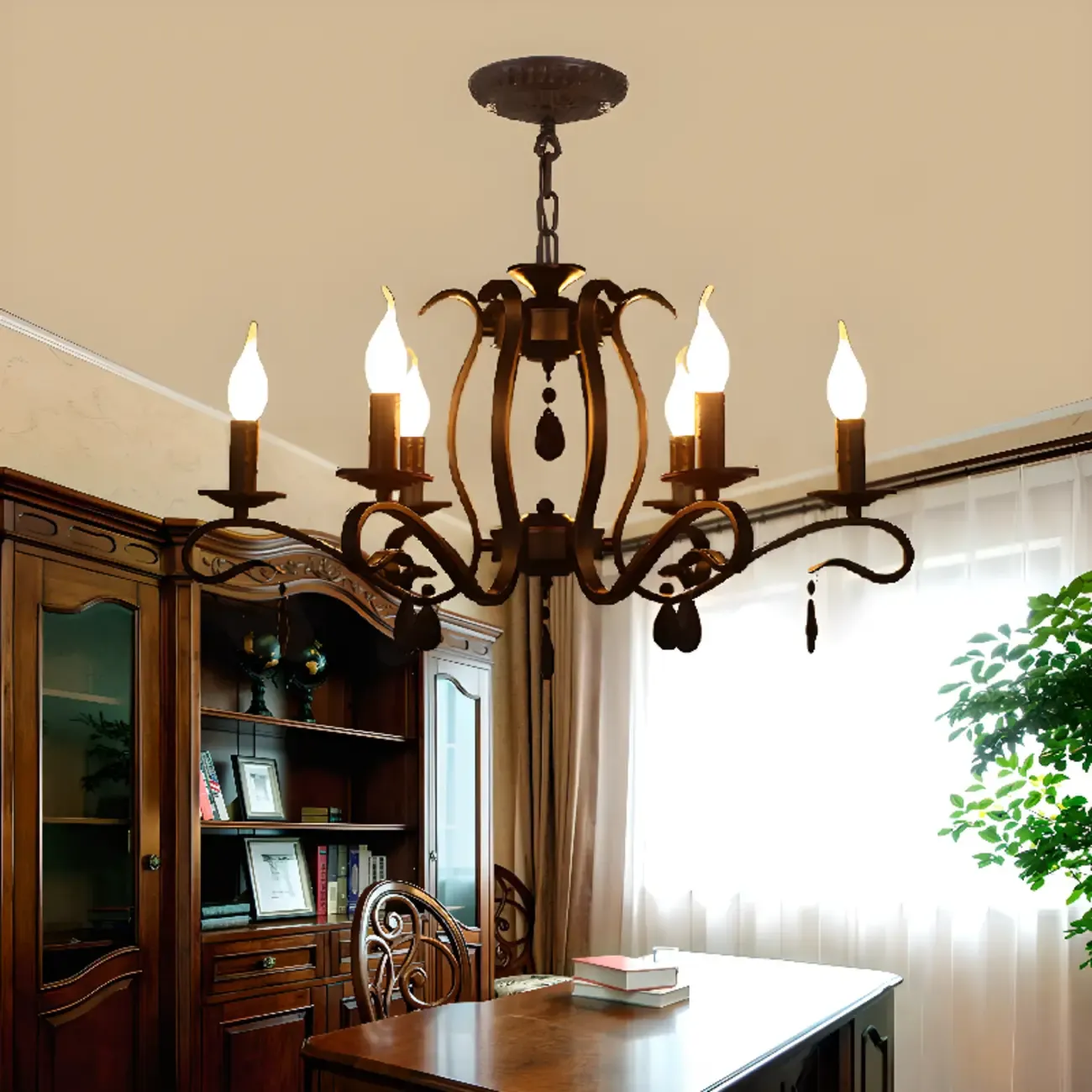 Vintage 6 Lights Black Pendant Chandelier with Candle Design Image - 2