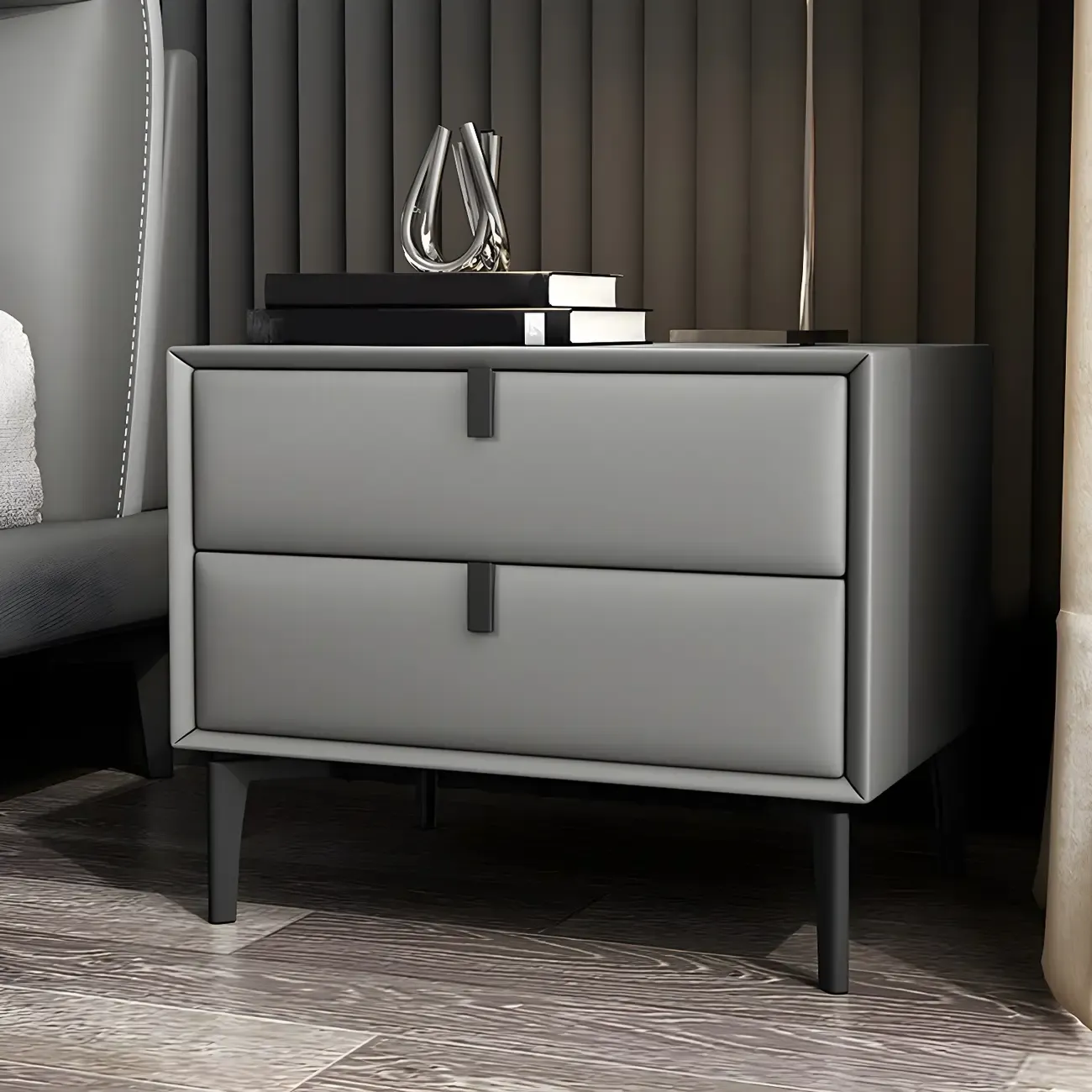 Modern Black Leather Bedside Table with Drawers Image - 8
