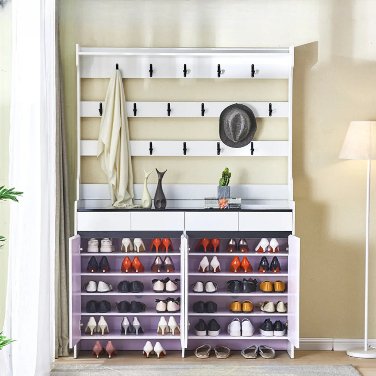 Modern White Wooden Hall Tree with Shoe Storage and Bench Image - 4 | homeyfad