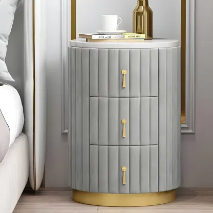Stylish Pink Round Bedside Table with 3 Drawers and Marble Top Image - 3