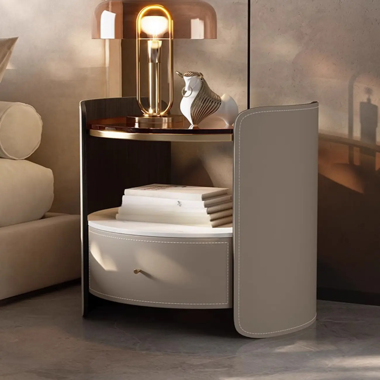 Modern Round Nightstand Glass Top with Drawer and Open Shelf Image - 3 | homeyfad