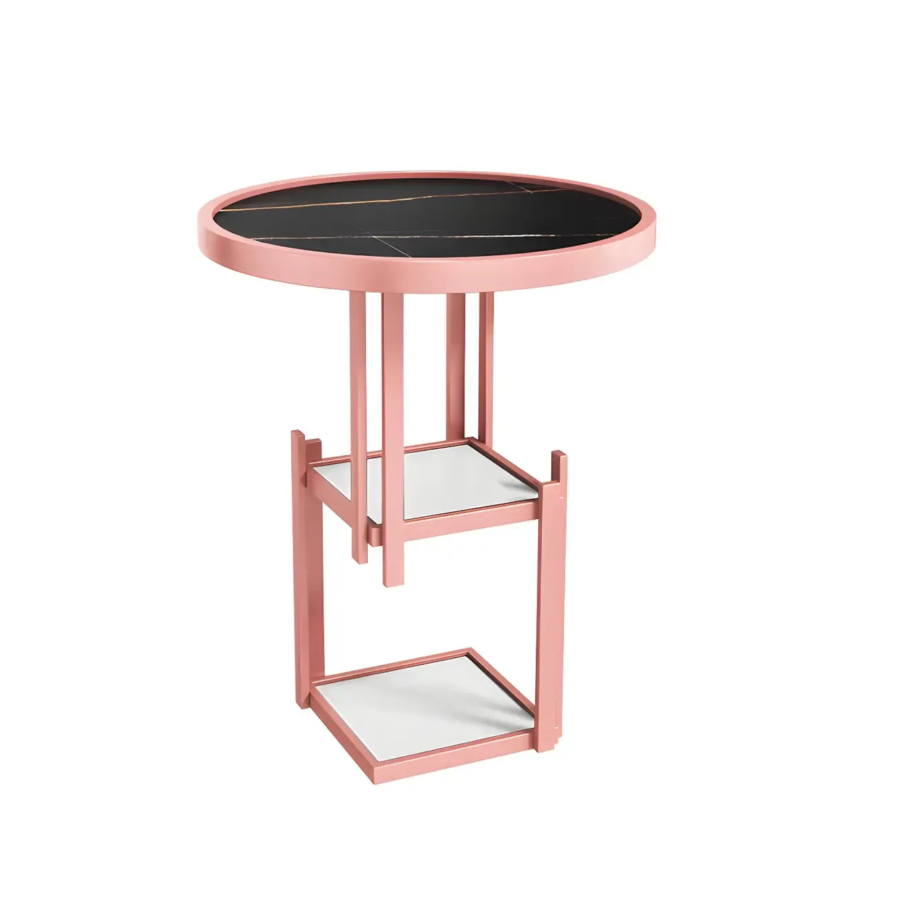 Simplistic Metal Round Nightstand with Open Cubby Marble Top Image - 14