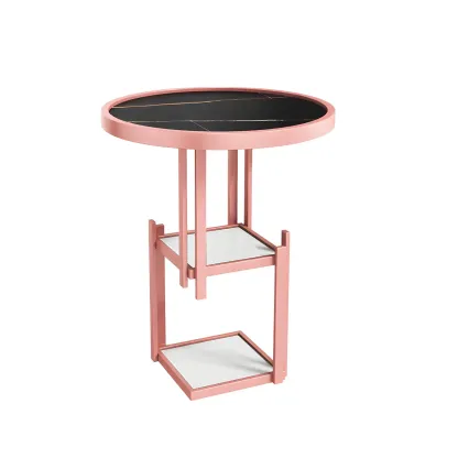 Simplistic Metal Round Nightstand with Open Cubby Marble Top Image - 14