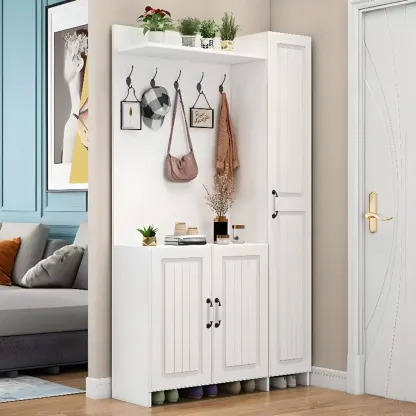 Modern White Hall Tree with Cabinets and Shelves Image - 6