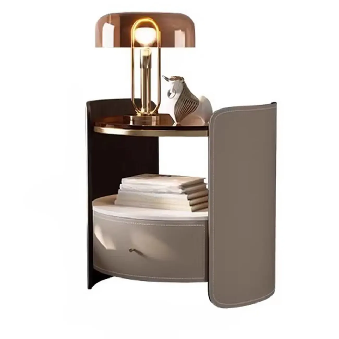 Modern Round Nightstand Glass Top with Drawer and Open Shelf Image - 4