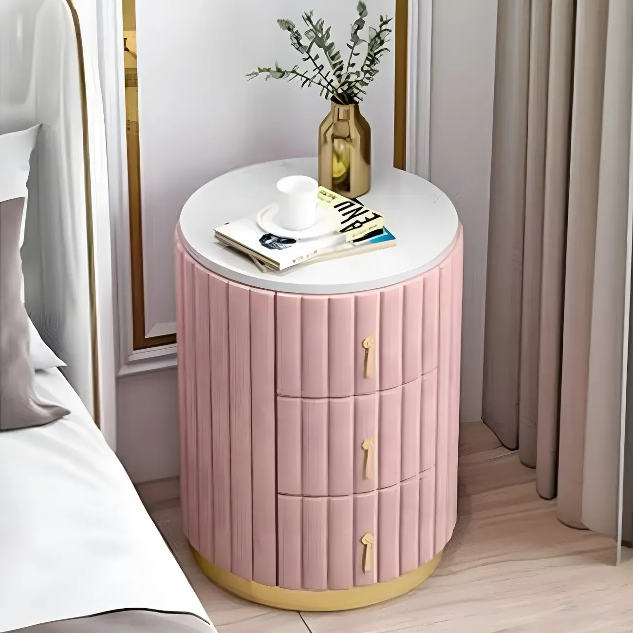 Stylish Pink Round Bedside Table with 3 Drawers and Marble Top Image - 4
