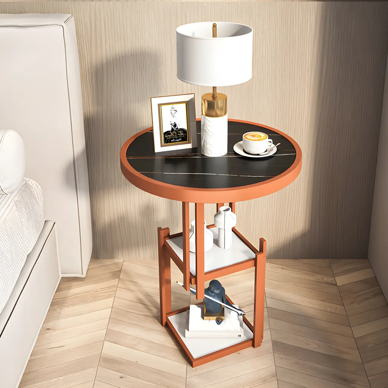 Simplistic Metal Round Nightstand with Open Cubby Marble Top Image - 15 | homeyfad