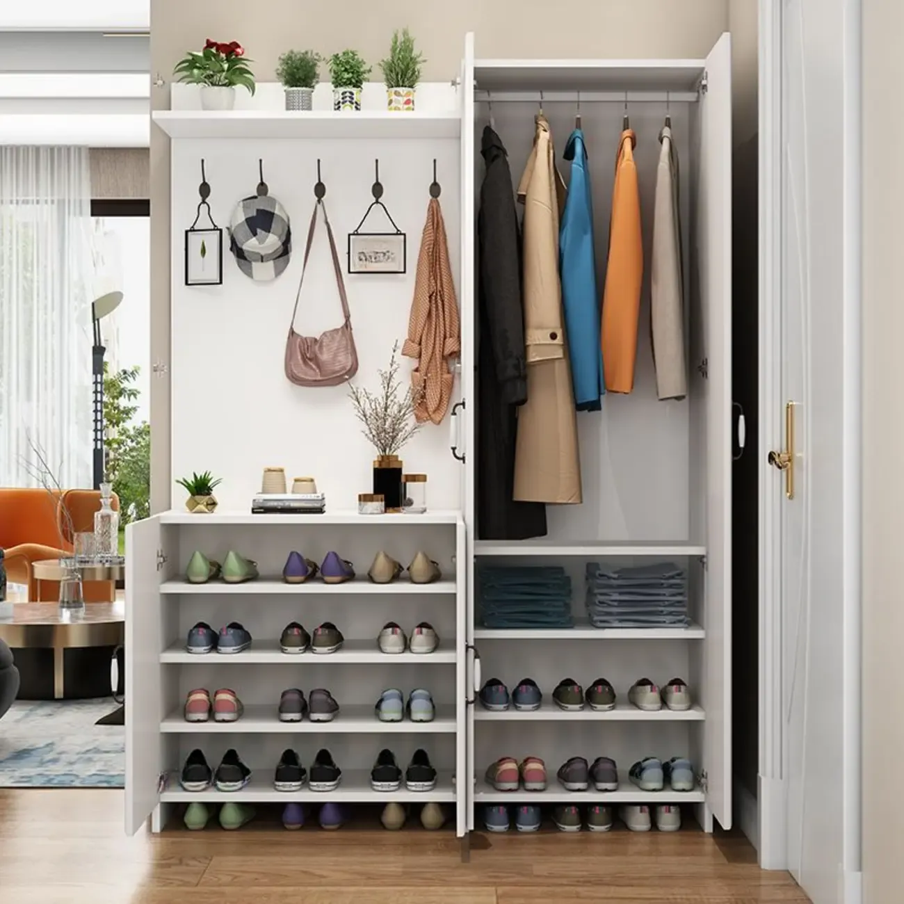 Modern White Hall Tree with Cabinets and Shelves Image - 7