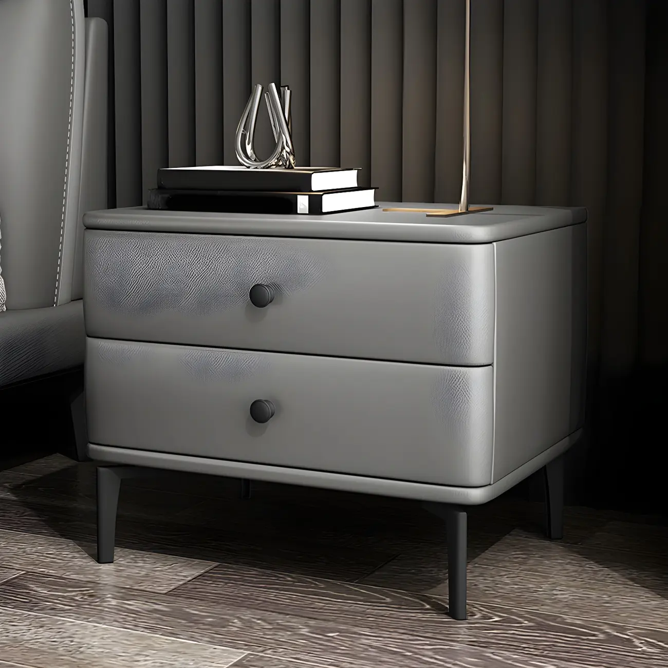 Modern Black Leather Bedside Table with Drawers Image - 10 | homeyfad