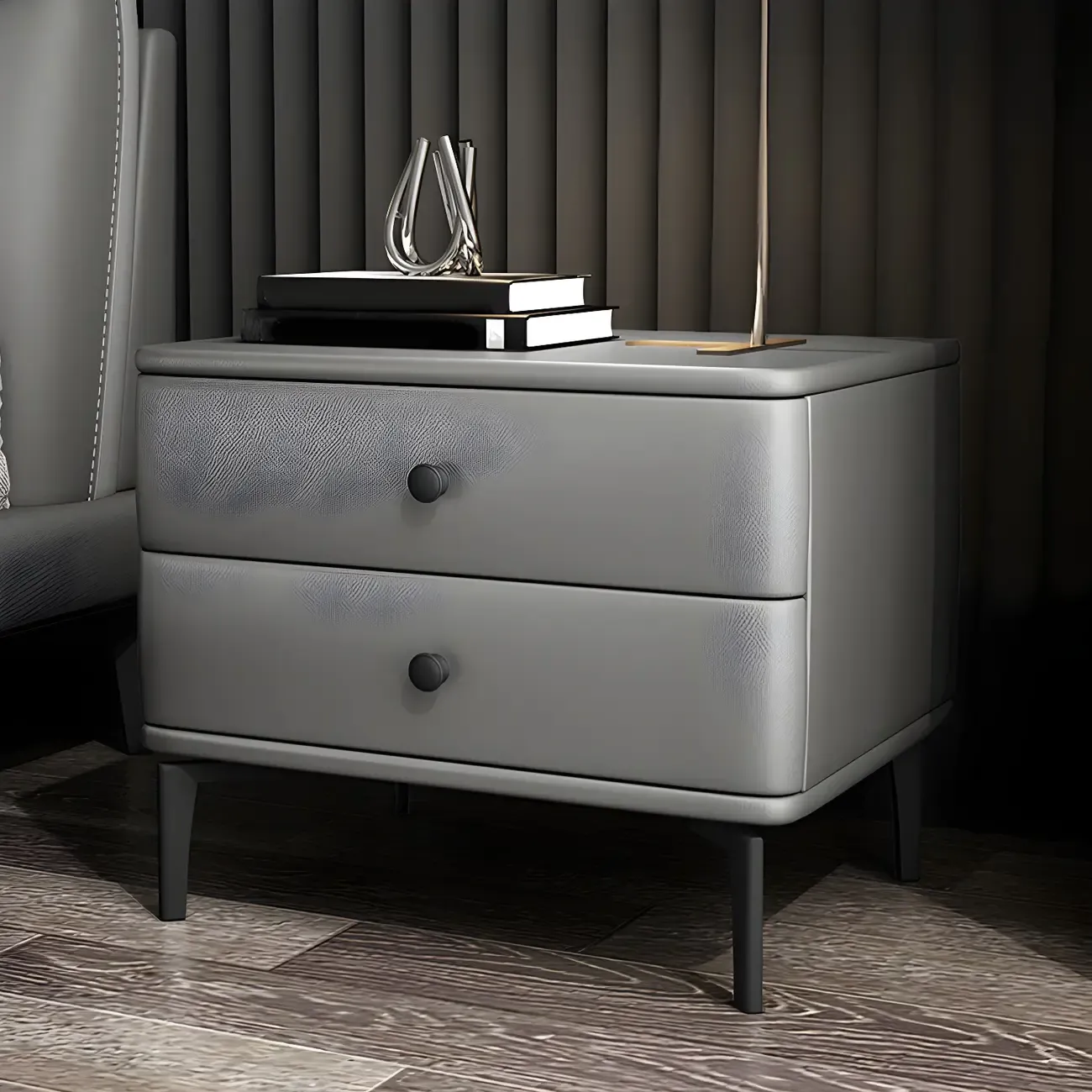Modern Black Leather Bedside Table with Drawers Image - 10
