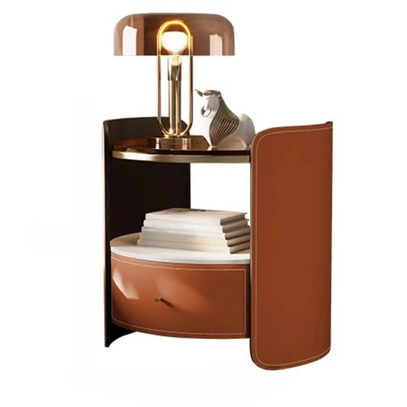 Modern Round Nightstand Glass Top with Drawer and Open Shelf Image - 5