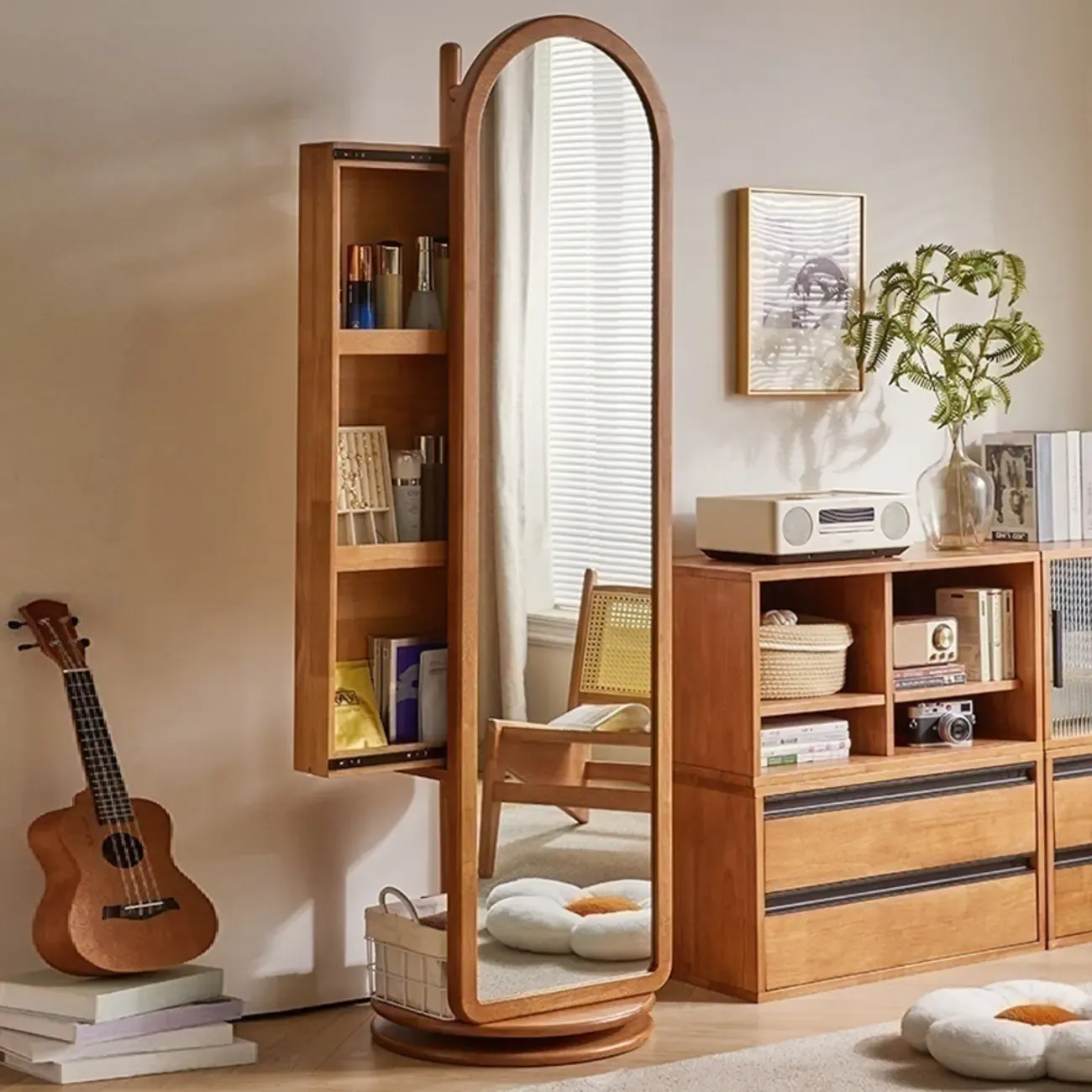 Wooden Hall Tree with Mirror & Storage Image - 12