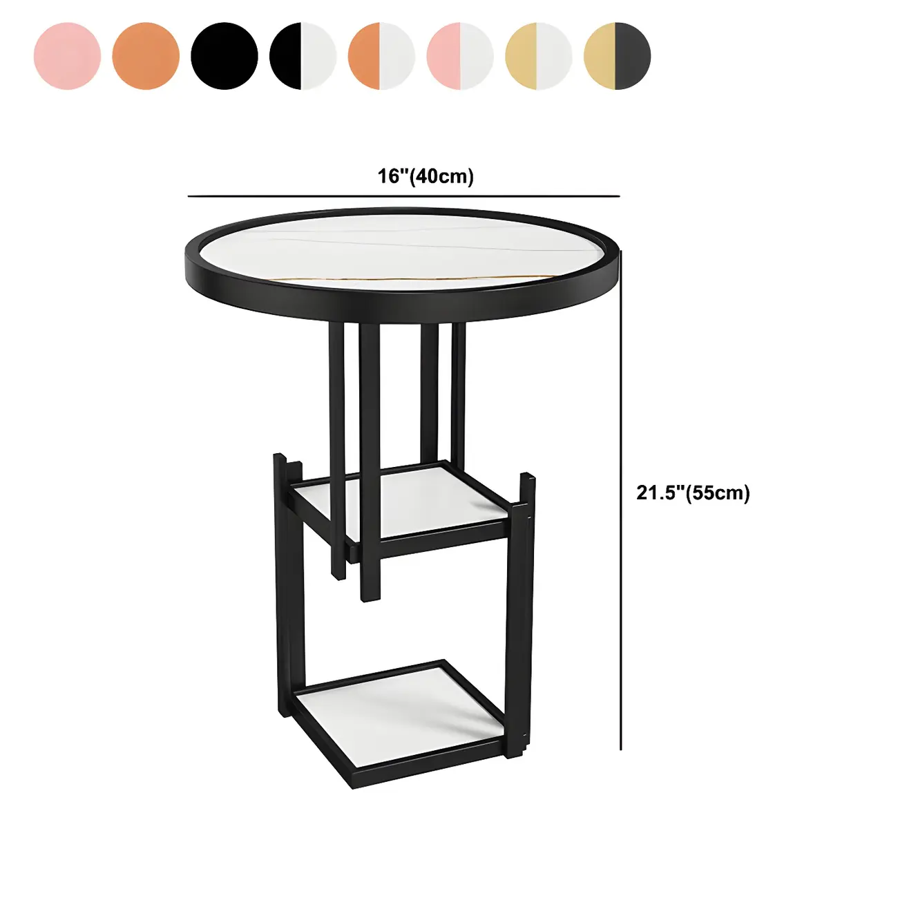Simplistic Metal Round Nightstand with Open Cubby Marble Top #size