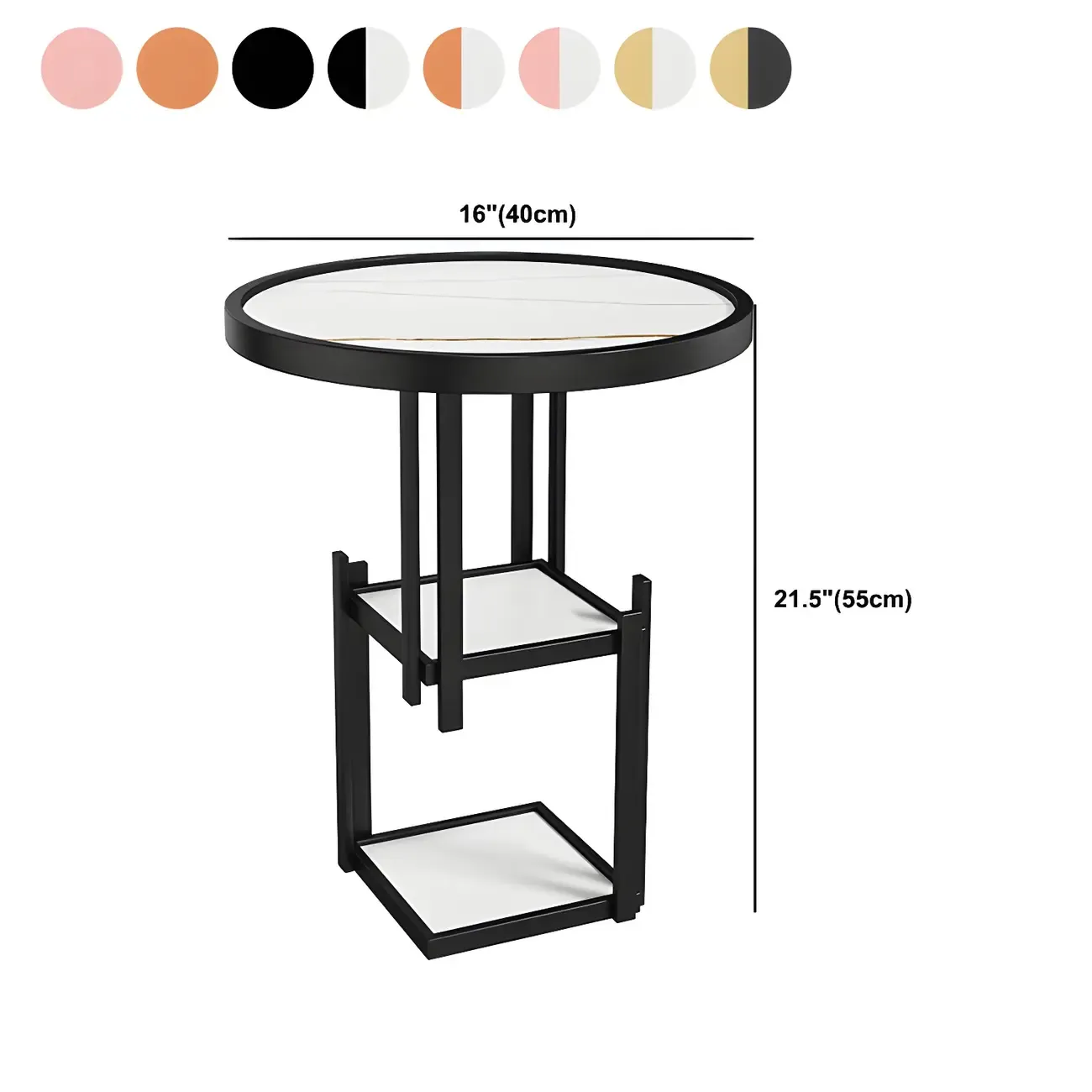 Simplistic Metal Round Nightstand with Open Cubby Marble Top #size