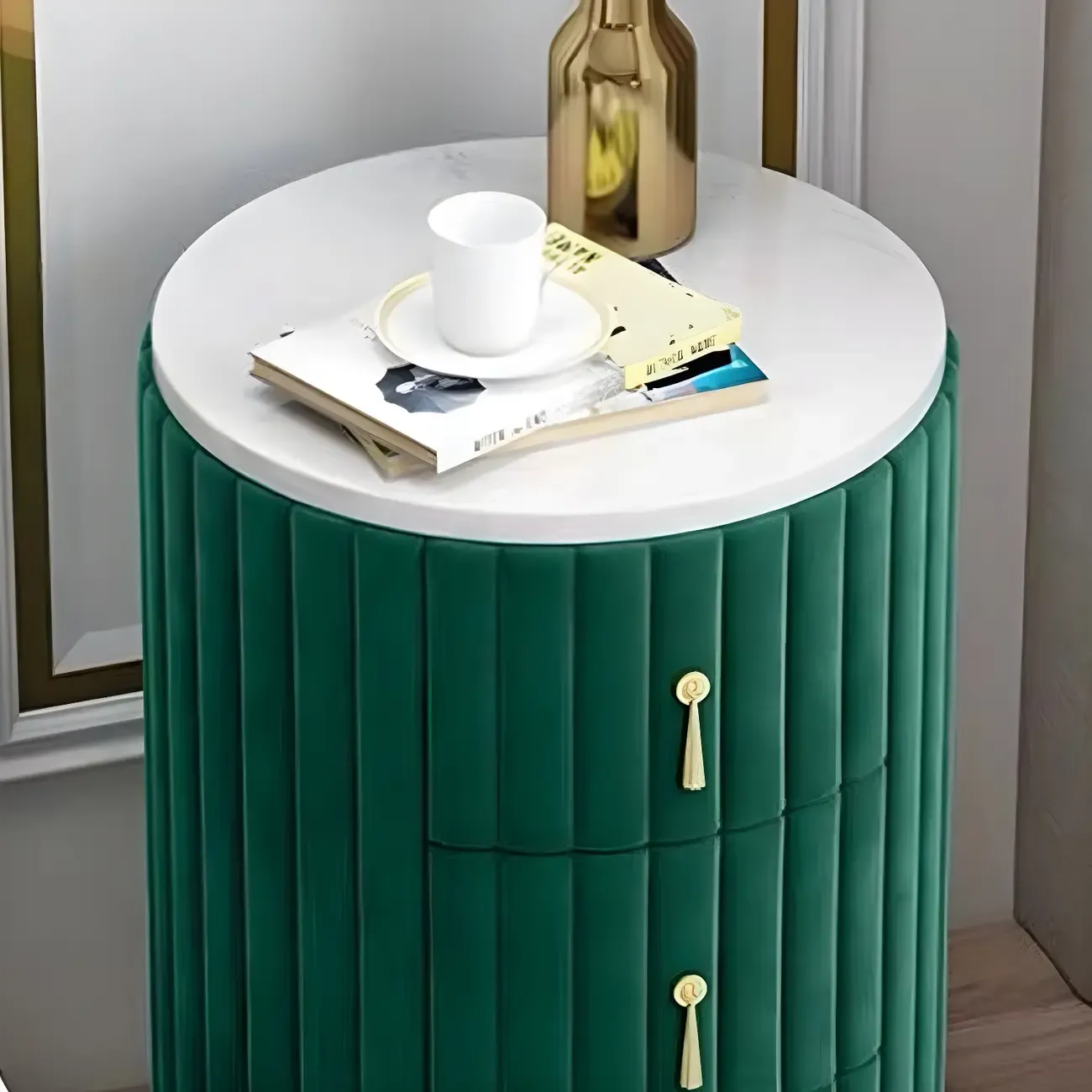 Stylish Pink Round Bedside Table with 3 Drawers and Marble Top Image - 6
