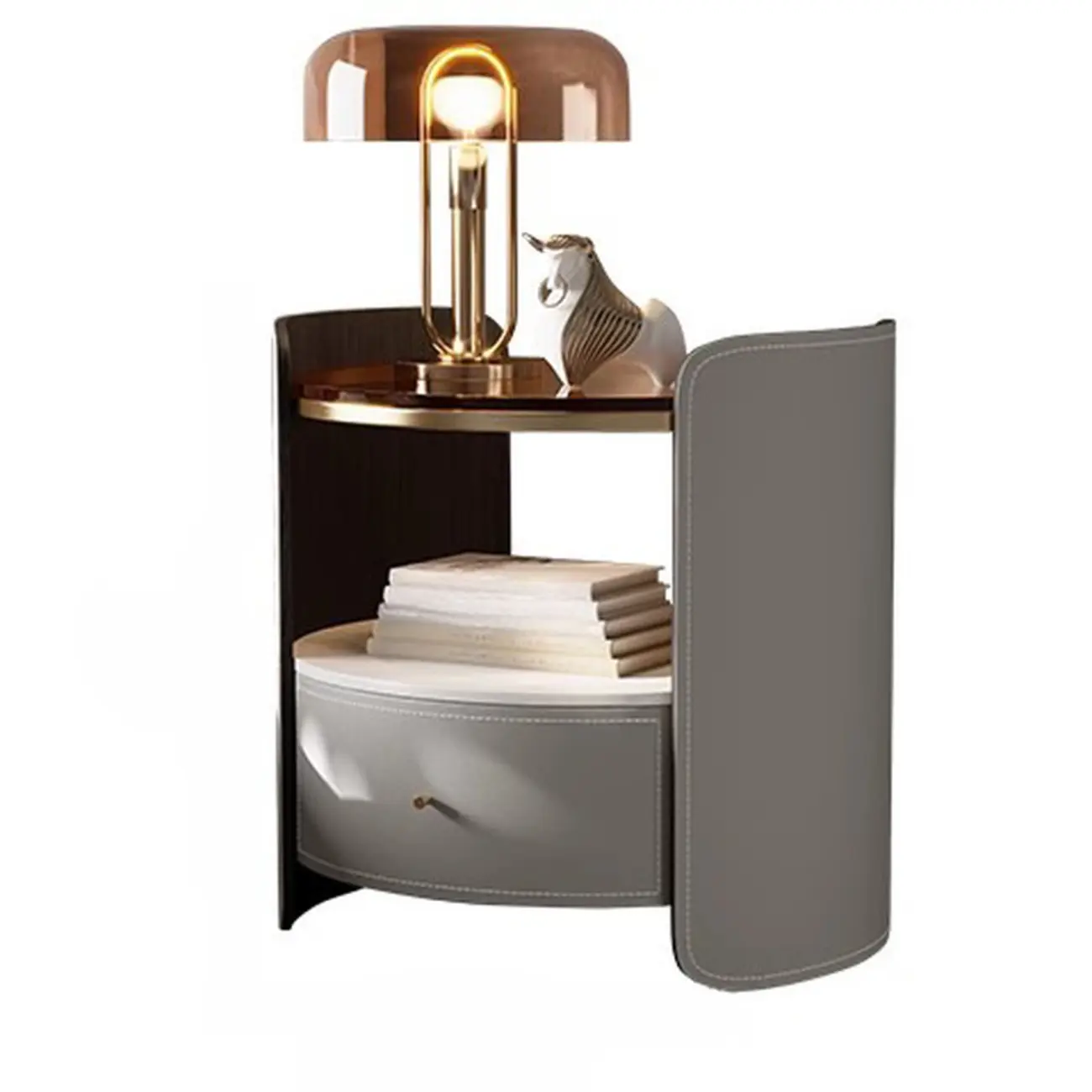 Modern Round Nightstand Glass Top with Drawer and Open Shelf Image - 6 | homeyfad