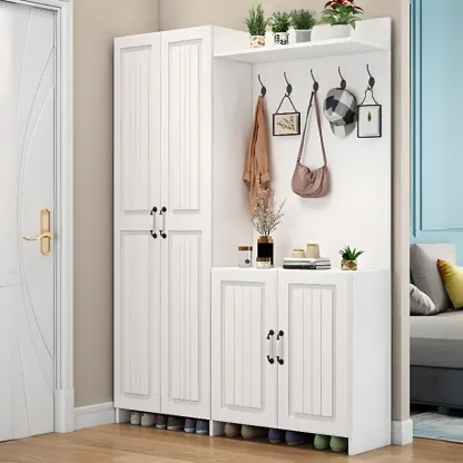 Modern White Hall Tree with Cabinets and Shelves Image - 8