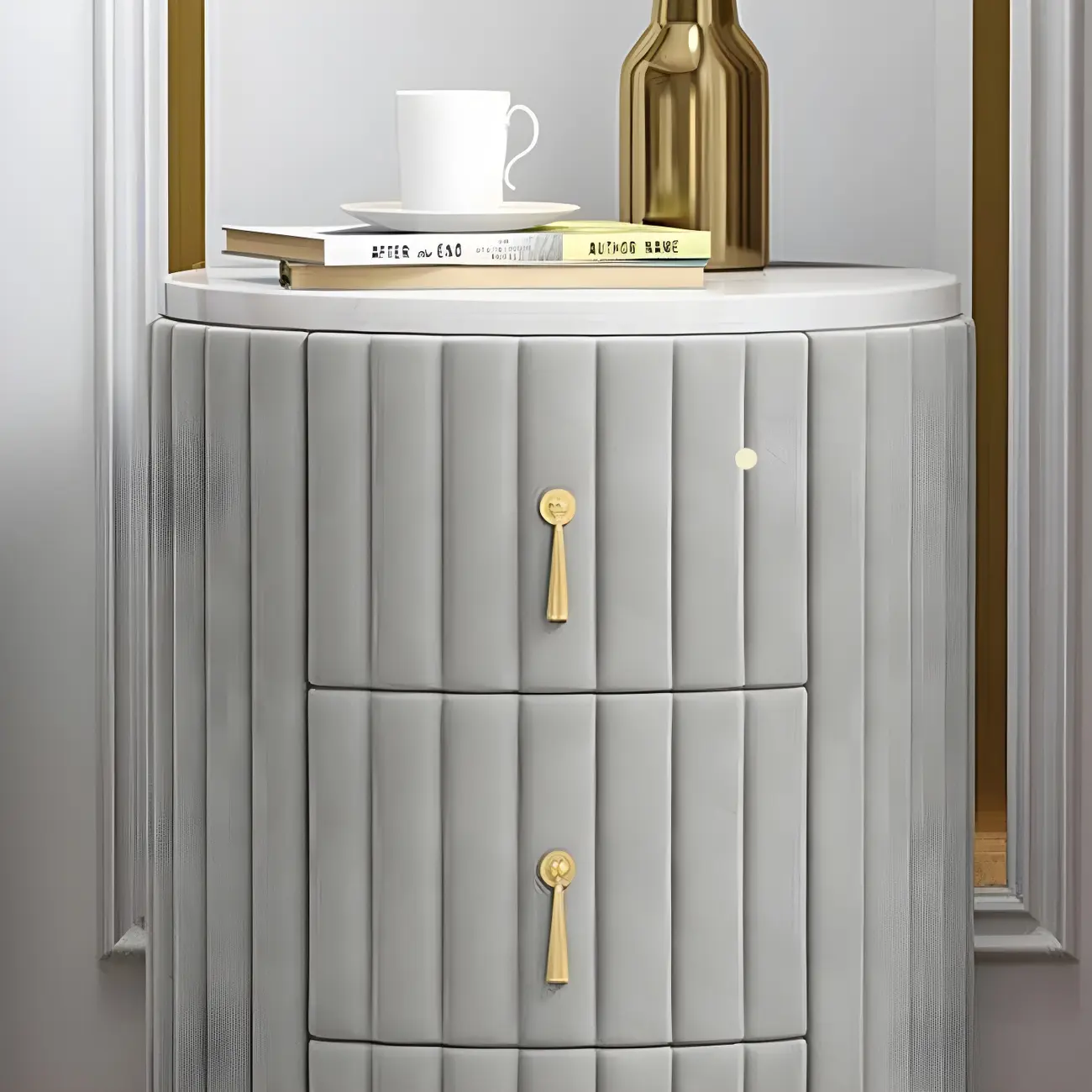 Stylish Pink Round Bedside Table with 3 Drawers and Marble Top Image - 7 | homeyfad