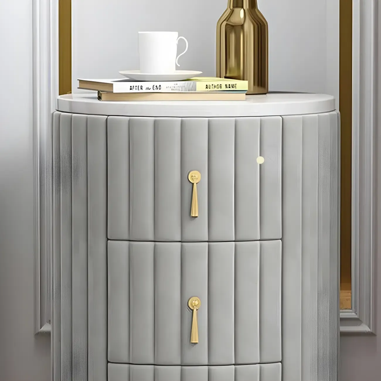 Stylish Pink Round Bedside Table with 3 Drawers and Marble Top Image - 7