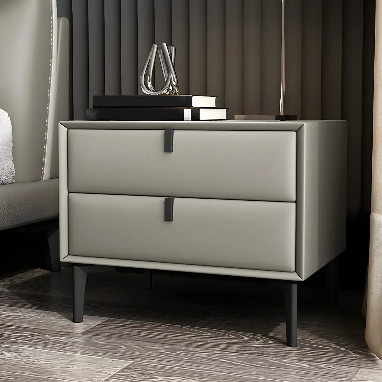Modern Black Leather Bedside Table with Drawers Image - 12