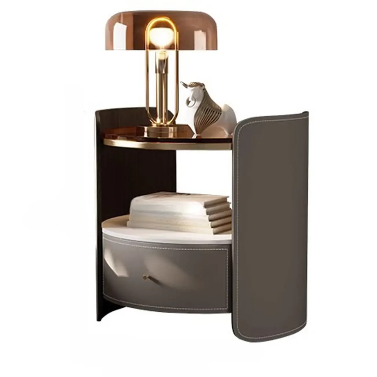 Modern Round Nightstand Glass Top with Drawer and Open Shelf Image - 7