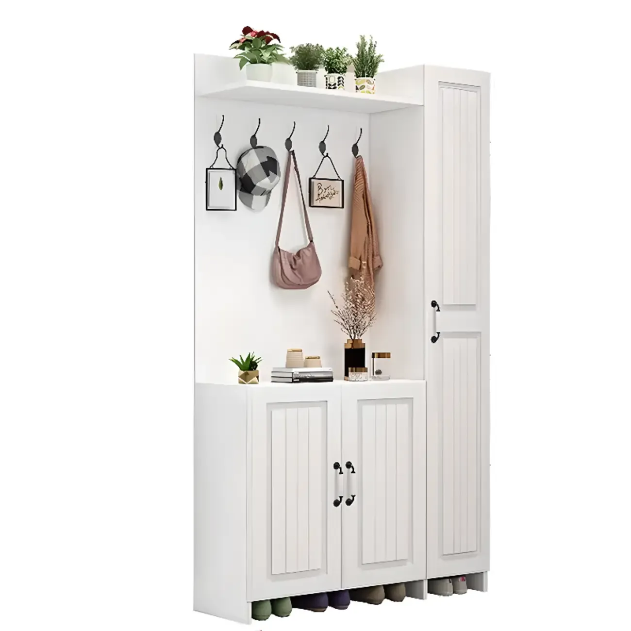 Modern White Hall Tree with Cabinets and Shelves Image - 9