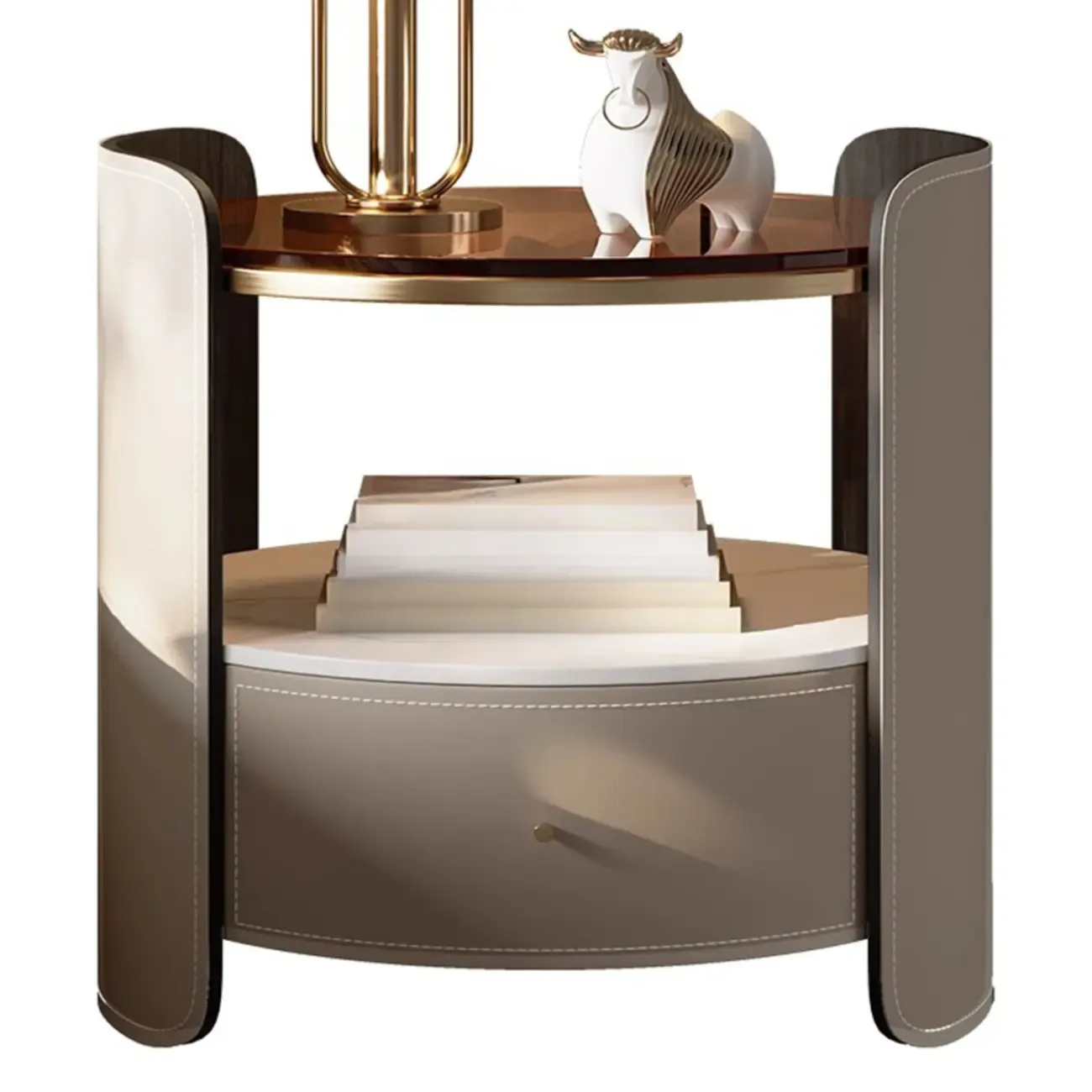 Modern Round Nightstand Glass Top with Drawer and Open Shelf Image - 8