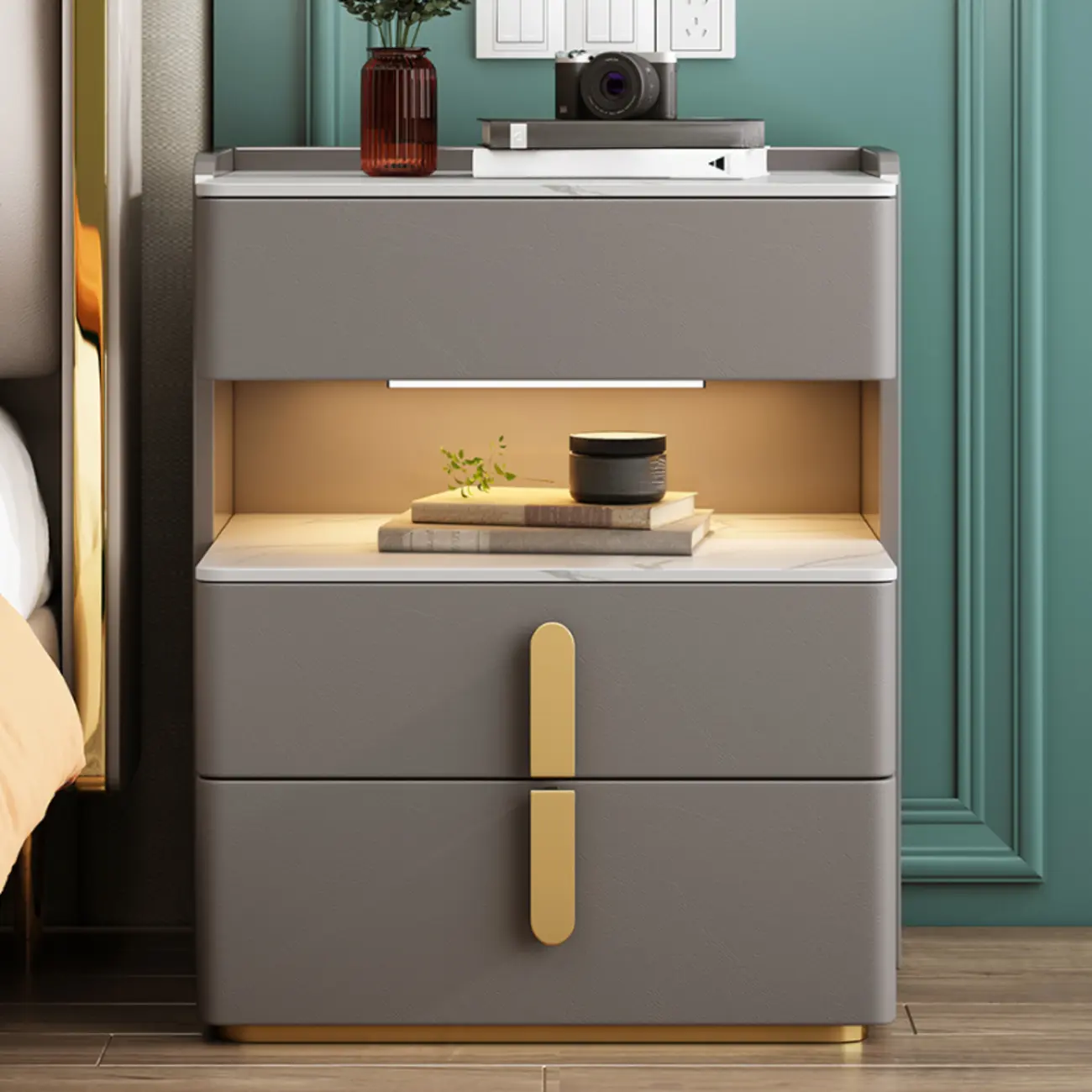 Versatile Lighting White 3-Drawer Nightstand in Marble Top Image - 3 | homeyfad