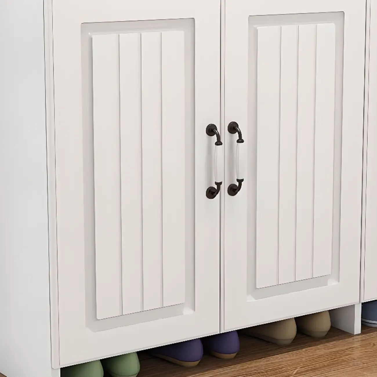 Modern White Hall Tree with Cabinets and Shelves Image - 10