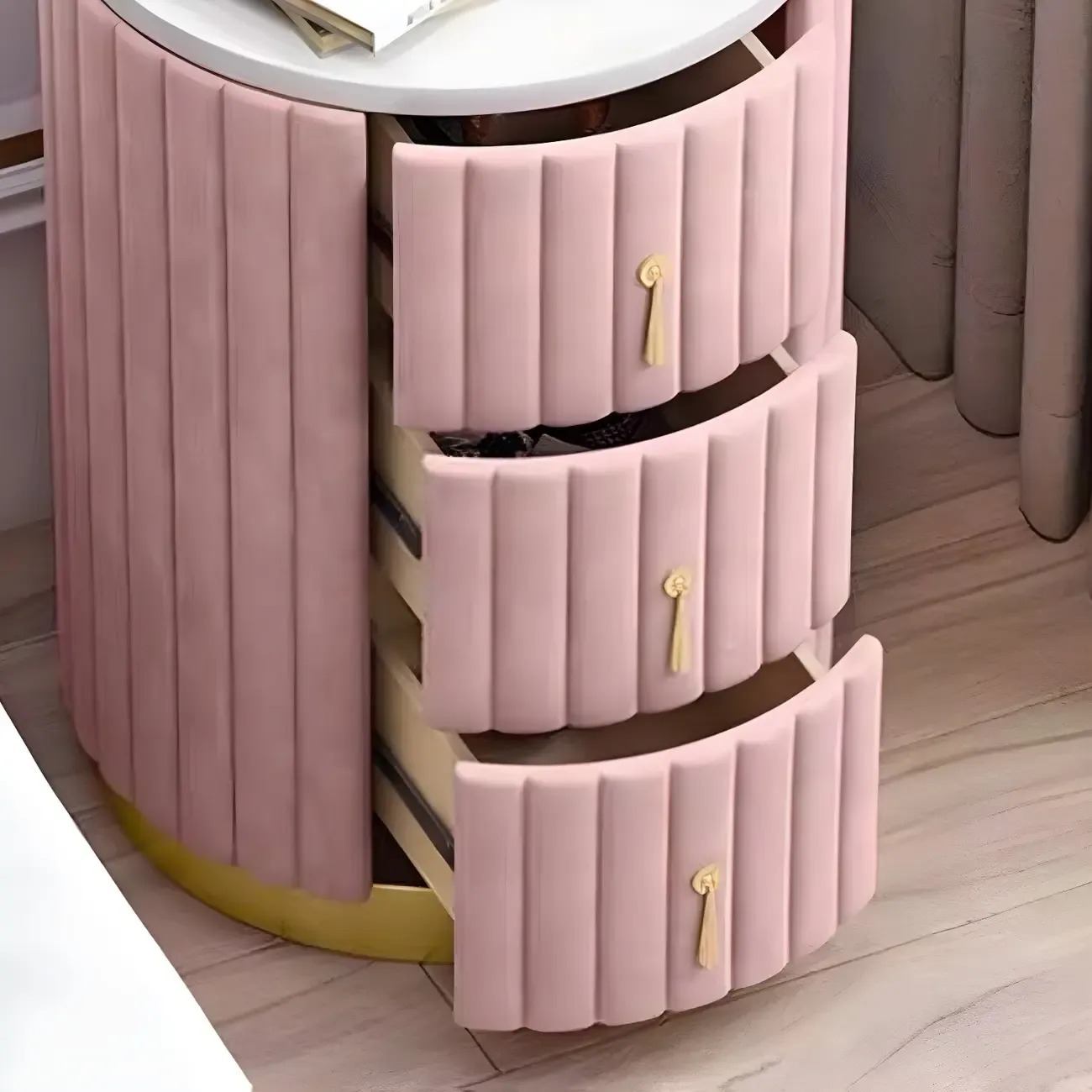 Stylish Pink Round Bedside Table with 3 Drawers and Marble Top Image - 8