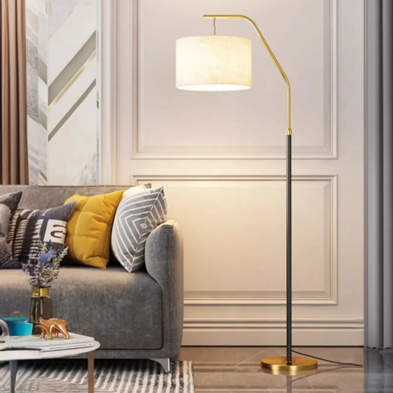 Adjustable Arc Floor Lamp with Fabric Shade for Living Room Image - 1
