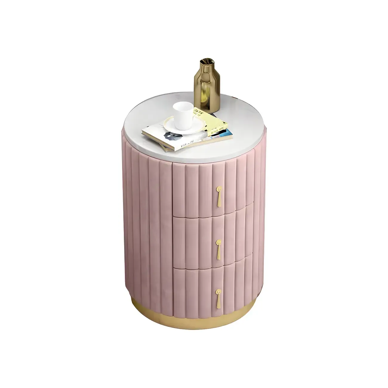 Stylish Pink Round Bedside Table with 3 Drawers and Marble Top Image - 9