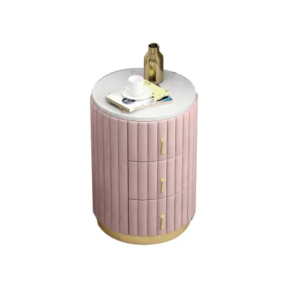 Stylish Pink Round Bedside Table with 3 Drawers and Marble Top Image - 9