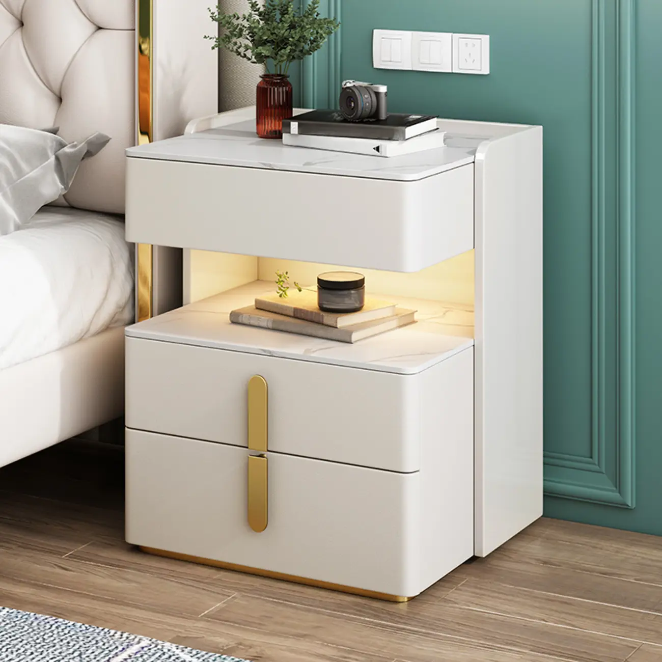 Versatile Lighting White 3-Drawer Nightstand in Marble Top Image - 2 | homeyfad