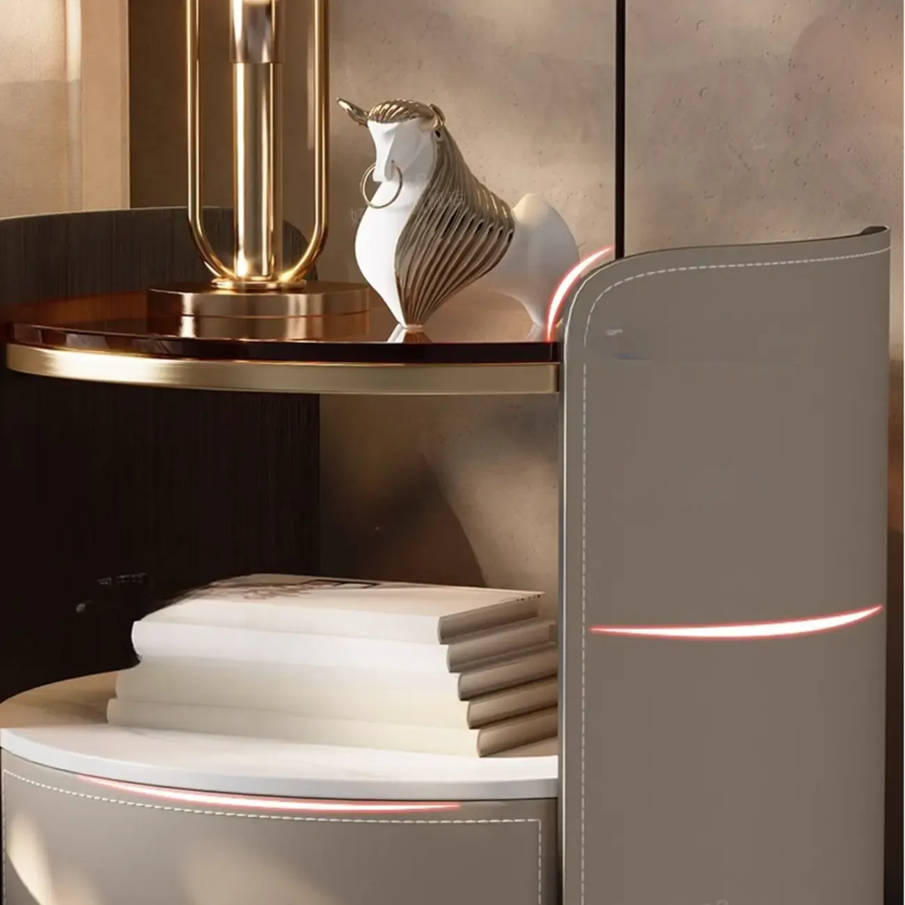 Modern Round Nightstand Glass Top with Drawer and Open Shelf Image - 10